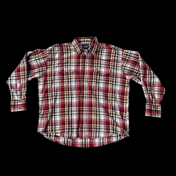 Wrangler XXL Western Pearl Snap Plaid Shirt Red White Yellow Cotton Mens Classic - Picture 2 of 7